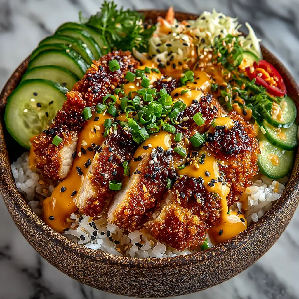A close-up overhead view of a fully assembled spicy chicken bowl with bang bang sauce, avocado, and carrots.