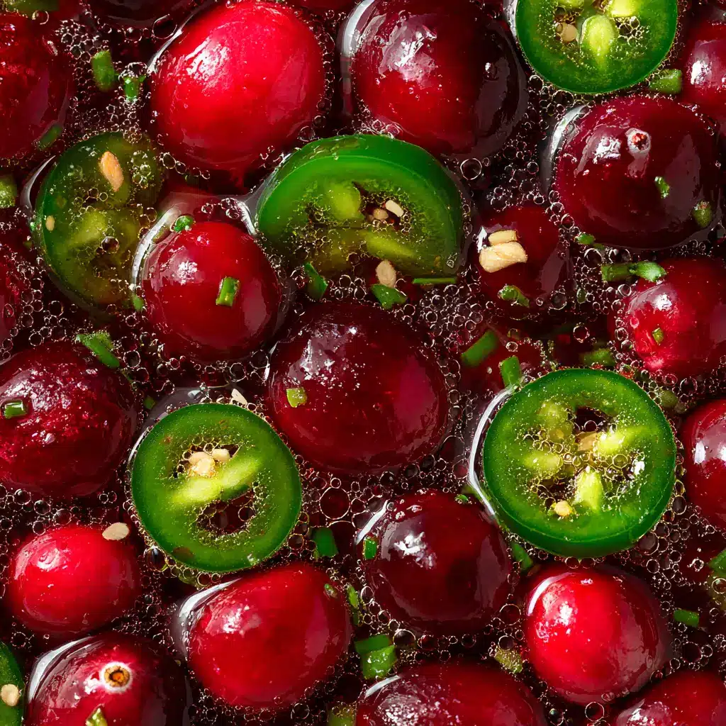 A close-up overhead shot of Spicy Cranberry Cowboy Candy, showing the texture of the candied jalapeño slices and whole cranberries in syrup.