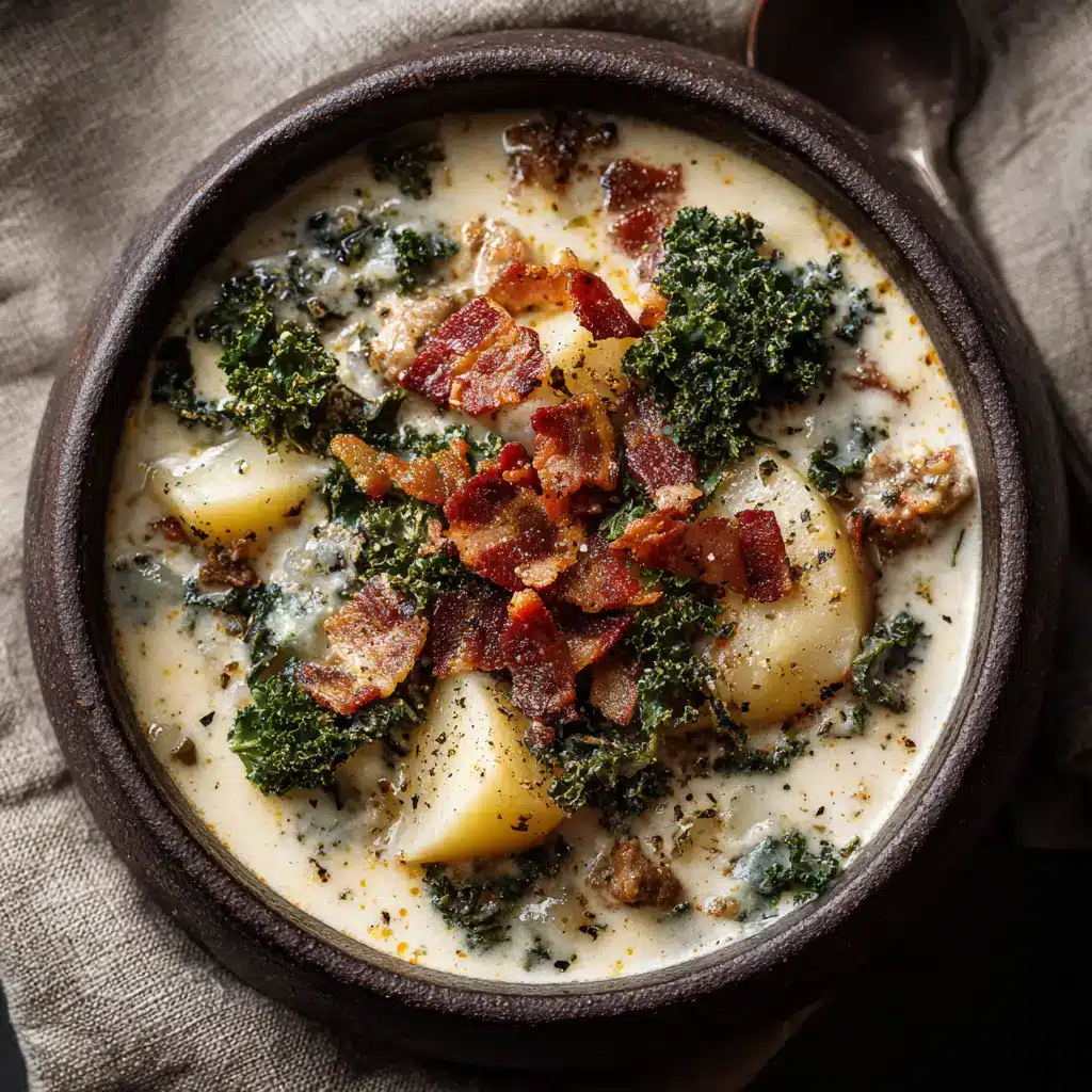 A hearty bowl of spicy sausage and kale soup, ready to be served. This Olive Garden copycat Zuppa Toscana soup is a comforting one-pot meal.
