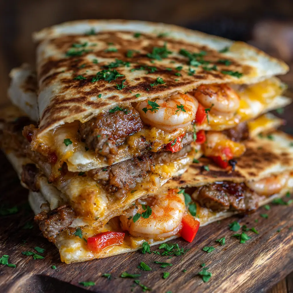 A golden-brown, crispy quesadilla filled with spicy steak and shrimp, sliced in half to reveal the melted cheese.