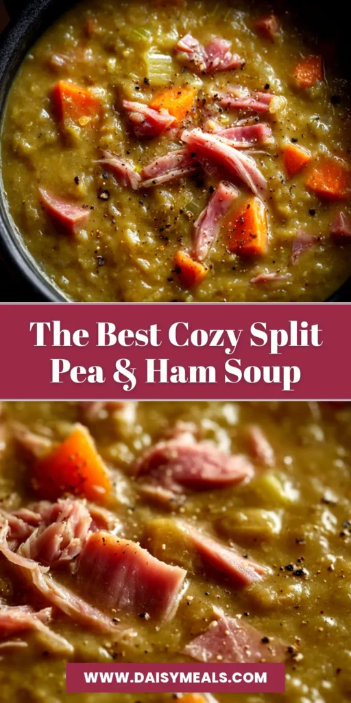 A hearty bowl of homemade split pea soup with ham bone, garnished with fresh parsley. The soup is thick, green, and filled with chunks of ham and vegetables.