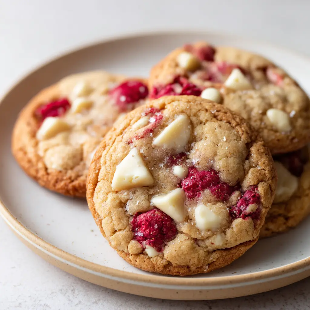 Subway Raspberry Cheesecake Cookies (The Best Copycat Recipe) 1 A stack of three copycat Subway Raspberry Cheesecake Cookies on a clean, light surface, showing their soft, chewy texture.