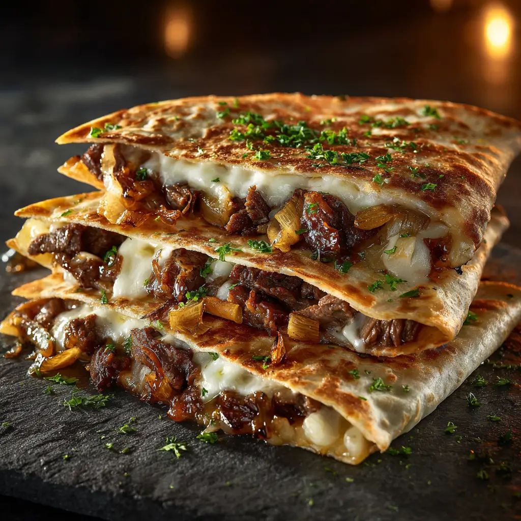 A detailed view of the Blackstone Steak Quesadilla filling, showing tender pieces of seasoned steak mixed with sautéed bell peppers and onions.