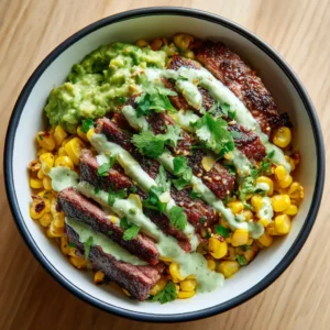 An overhead close-up of a healthy steak bowl with perfectly seared steak slices, corn, and black beans on a bed of fluffy rice.