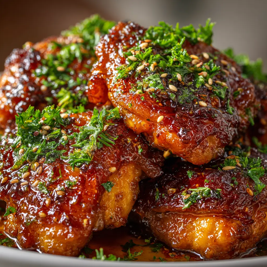 An extreme close-up of a juicy, sticky honey garlic chicken thigh, showing the glistening glaze and crispy skin in detail.