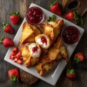 An overhead flat lay of crispy Strawberry Cheesecake Wontons arranged beautifully on a serving dish.