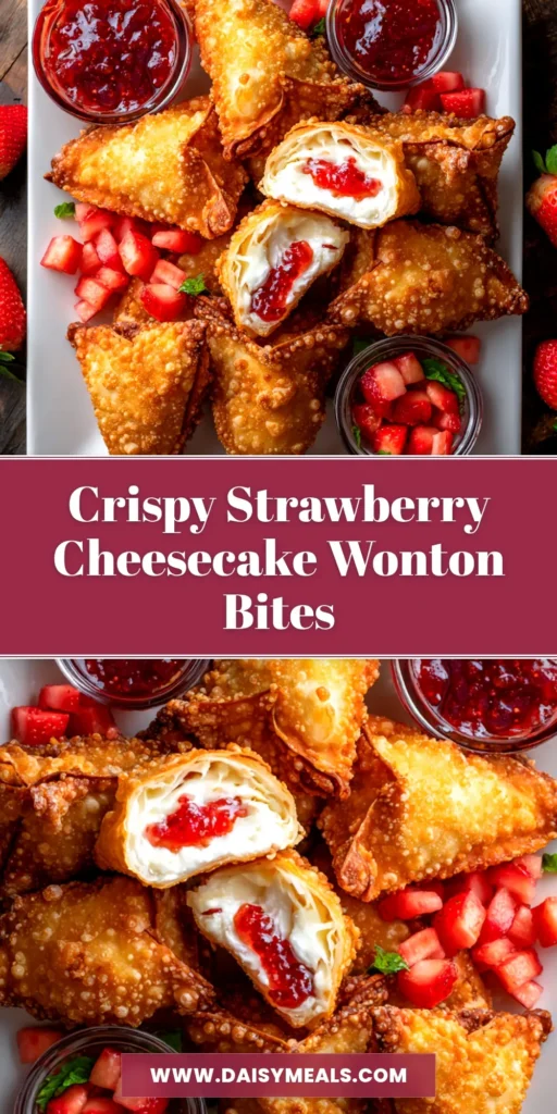 A platter of crispy, golden-brown Strawberry Cheesecake Wontons dusted with powdered sugar, with a small bowl of fresh strawberries.
