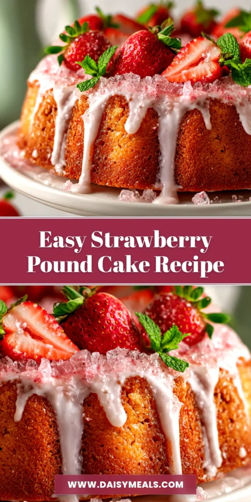 Strawberry Pound Cake (The Only Recipe You'll Ever Need) 3 A perfect slice of moist Strawberry Pound Cake on a white plate, showing juicy red strawberries embedded in a golden, buttery crumb, with a drizzle of white glaze on top.