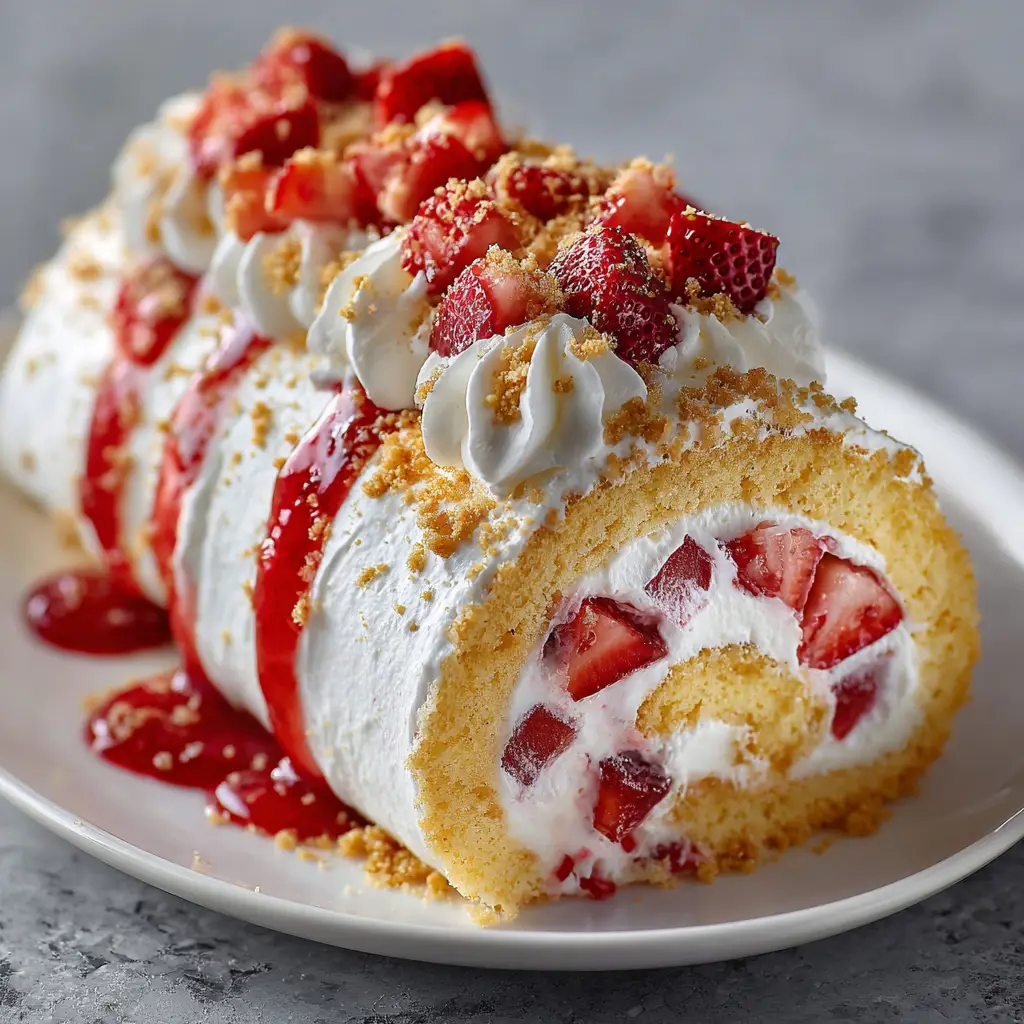 A detailed close-up shot of the creamy cheesecake filling and buttery shortcake crumble topping before the fresh strawberries are added.
