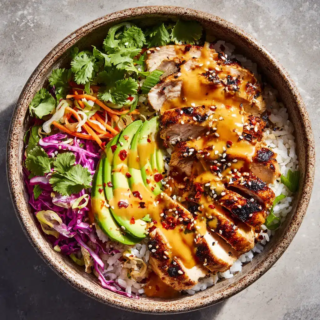 Spicy Maple Chicken (Ready in 25 Minutes!) 2 An overhead view of a serving of sweet and spicy chicken served over a bed of white rice in a rustic bowl.