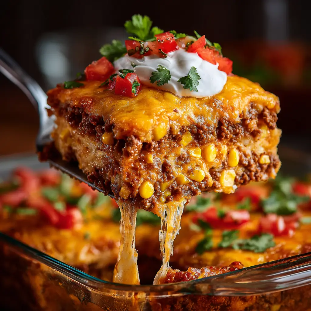 A close-up of the taco casserole ingredients being layered in a clear baking dish before going into the oven.