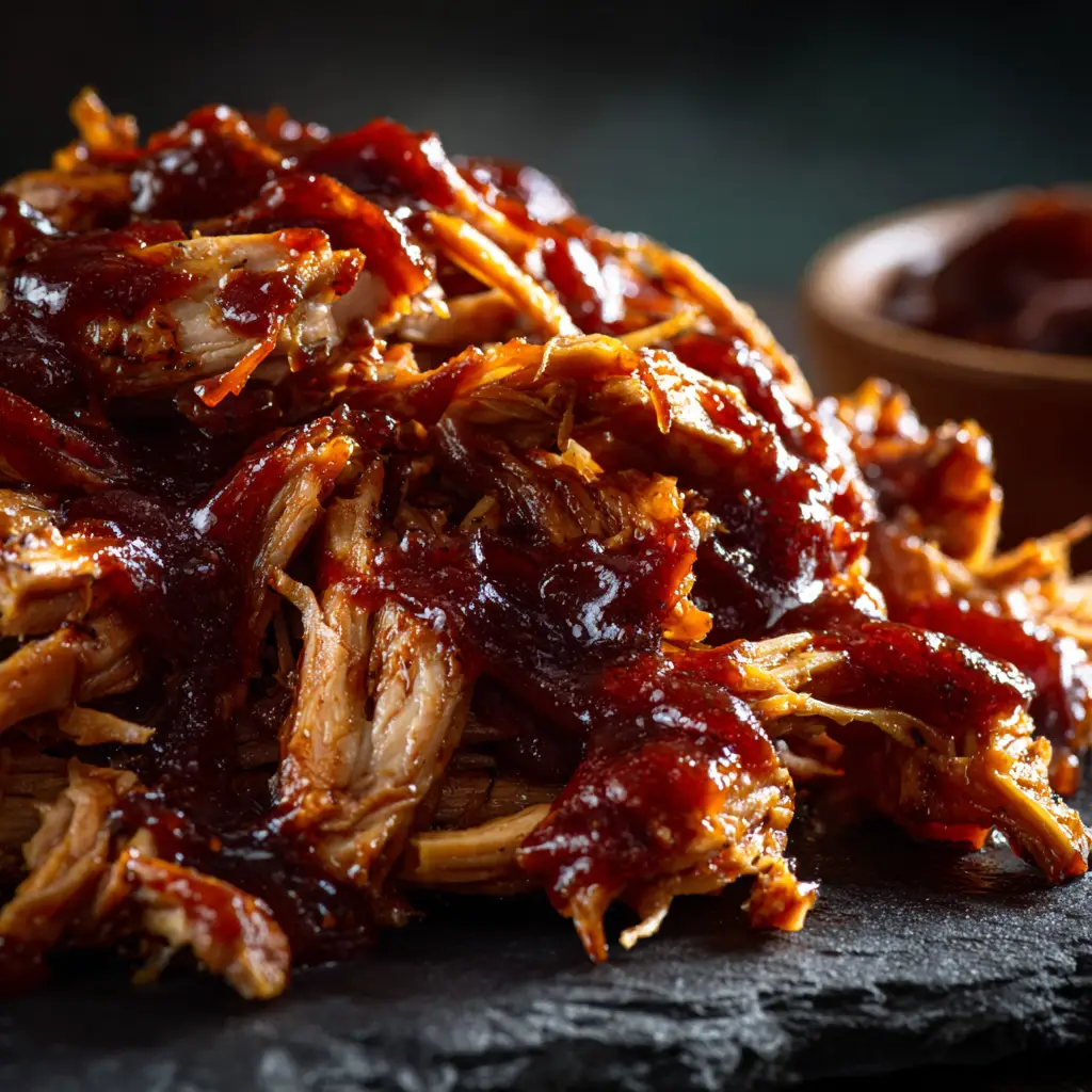 A fork pulling apart a piece of slow cooker BBQ chicken, demonstrating how tender and juicy the final result is.