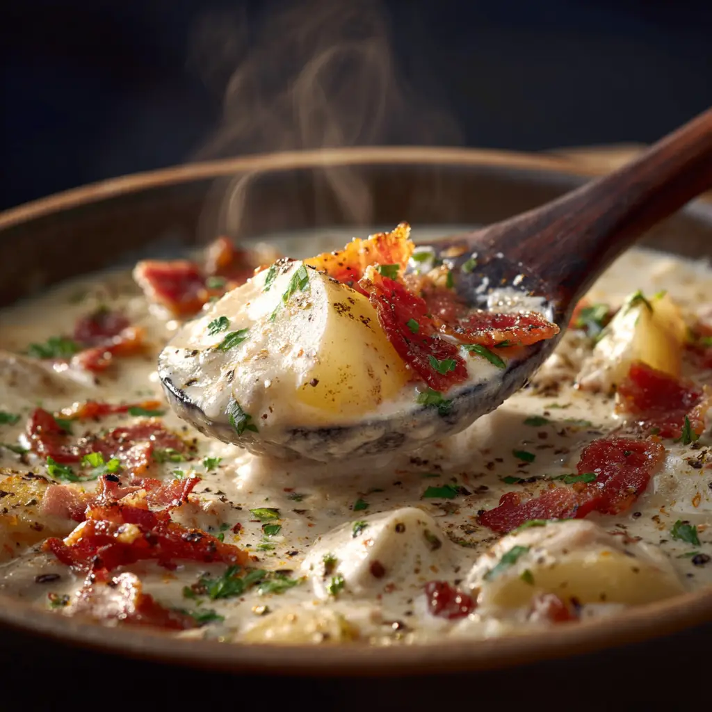 New England Clam Chowder: The Ultimate Authentic Recipe 1 A spoonful of thick New England Clam Chowder being lifted from a bowl, highlighting the creamy texture and ingredients.