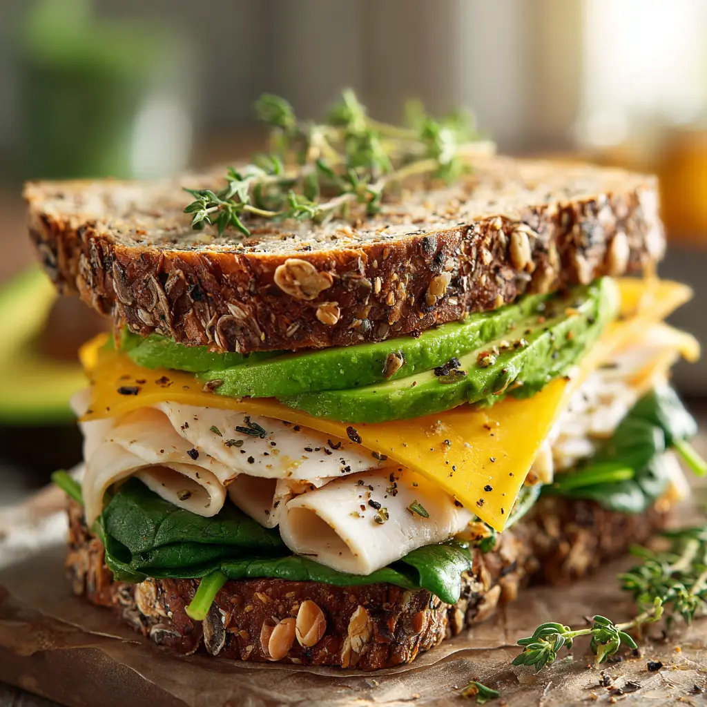 A close-up of a turkey and avocado sandwich highlighting the crisp toasted bread, melted provolone cheese, and fresh lettuce.