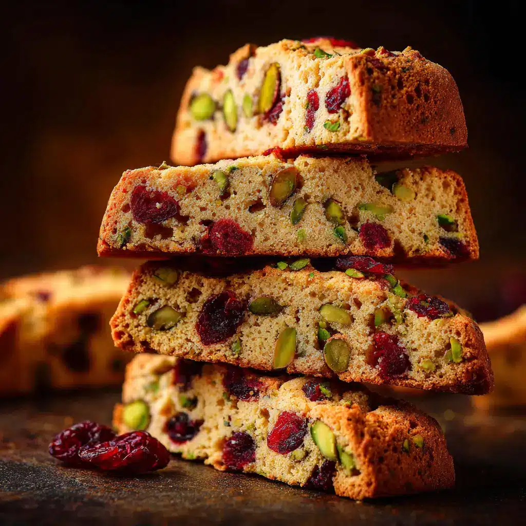 A stack of freshly baked cranberry pistachio biscotti on a cooling rack before being drizzled with white chocolate.