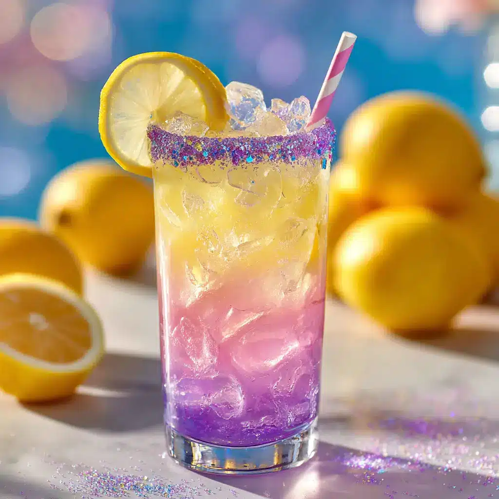 A photorealistic image showing the Unicorn Lemonade mid-stir, with swirls of purple and pink as the colors magically change.
