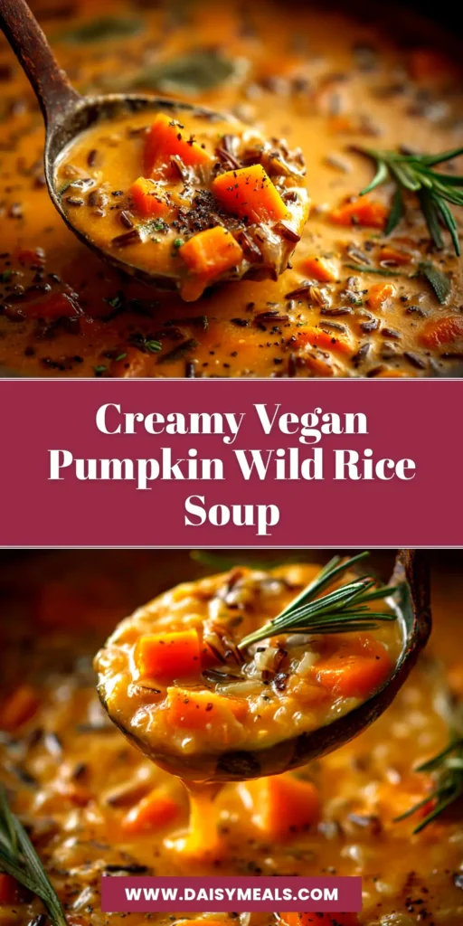 A close-up shot of a white bowl filled with creamy vegan pumpkin wild rice soup, garnished with fresh parsley and pumpkin seeds. A spoon rests in the bowl.