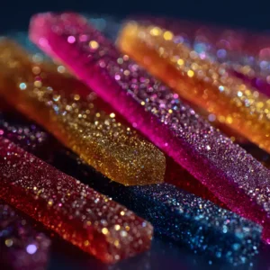 A vibrant macro shot of perfectly layered rainbow tequila jello shots, showcasing the colorful gelatin layers.