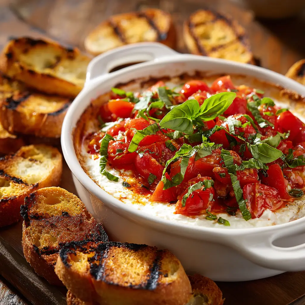 A close-up view of the warm baked goat cheese bruschetta dip in a rustic skillet, with a piece of crostini dipping in.