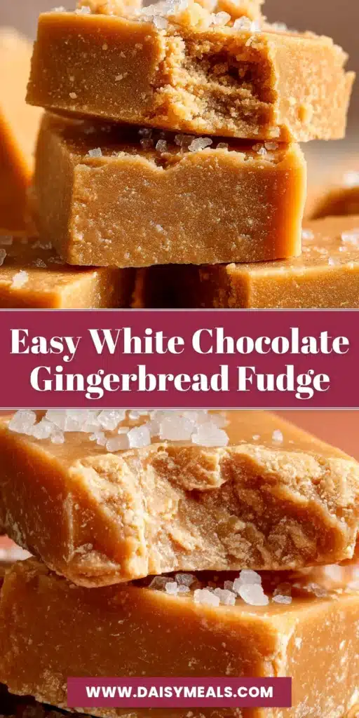 A stack of creamy White Chocolate Gingerbread Fudge squares on a piece of parchment paper, ready for holiday gifting.