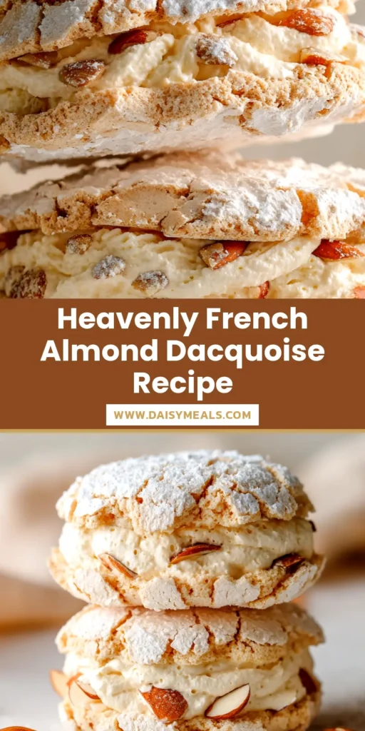 A beautiful Almond Dacquoise Recipe with layers of crispy meringue and silky buttercream, garnished with toasted almonds on a white plate.