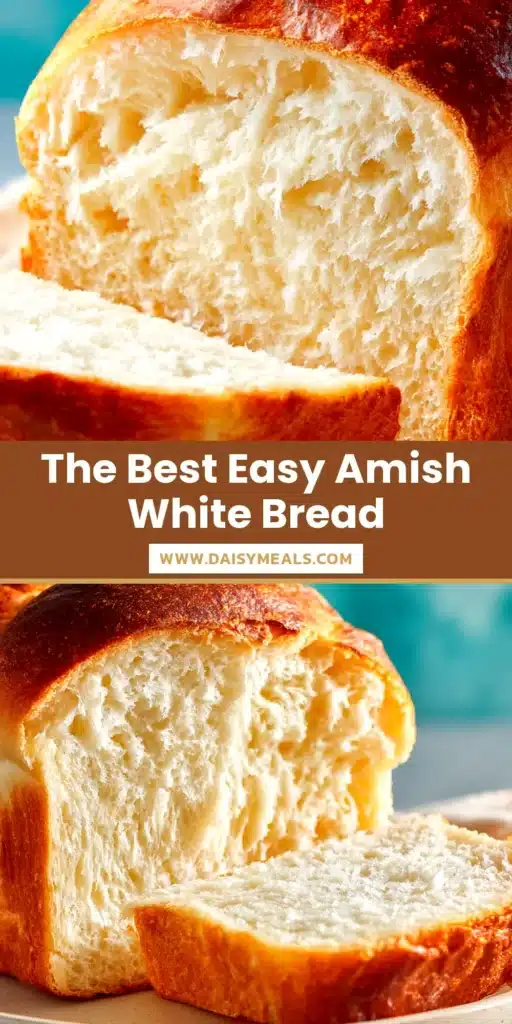 A beautiful golden-brown loaf of freshly baked Amish white bread on a wooden cutting board, with one slice cut to show the soft, fluffy interior.