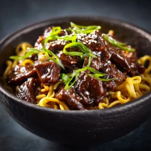 A close-up shot of the Asian beef noodle stir fry in a dark bowl, showing the texture of the tender beef and the glossy sauce.