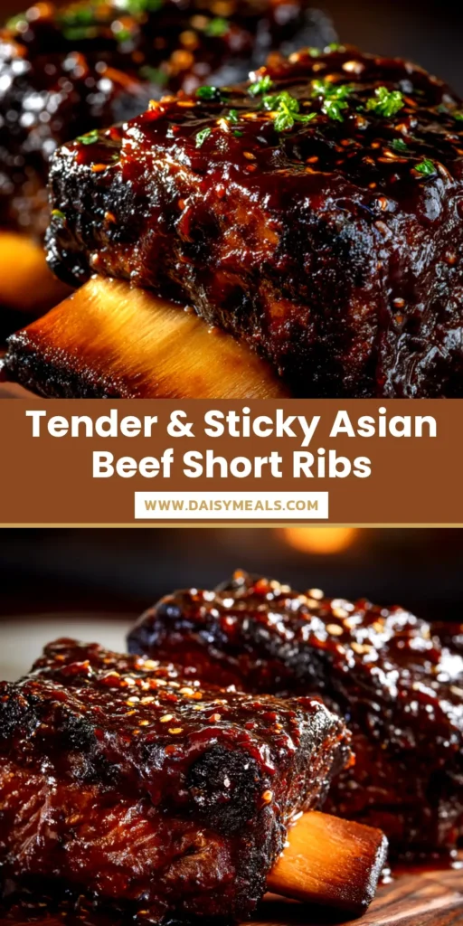 A plate of tender, fall-off-the-bone Asian Beef Short Ribs, glazed with a dark, glossy sauce and garnished with sesame seeds and green onions.