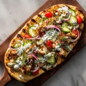 An overhead shot of a freshly prepared Greek chicken flatbread on a rustic wooden surface, showing all the colorful toppings before serving.