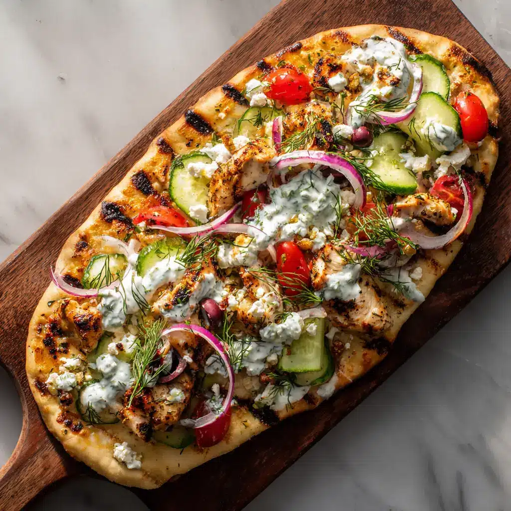An overhead shot of a freshly prepared Greek chicken flatbread on a rustic wooden surface, showing all the colorful toppings before serving.