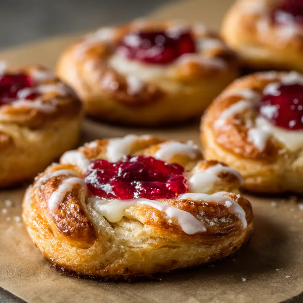 Raspberry Cheesecake Danish: The Ultimate Bakery-Style Treat 1 Assembling a raspberry cheesecake danish before baking. The image shows the uncooked pastry filled with cream cheese and topped with raspberry preserves.