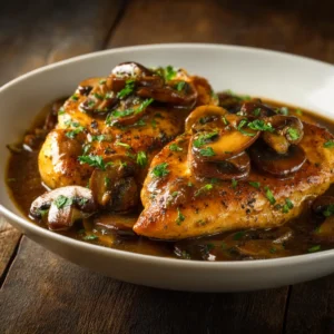 A pan of authentic Chicken Marsala with a rich mushroom sauce. The chicken cutlets are tender and juicy, showcasing the classic Italian dish.