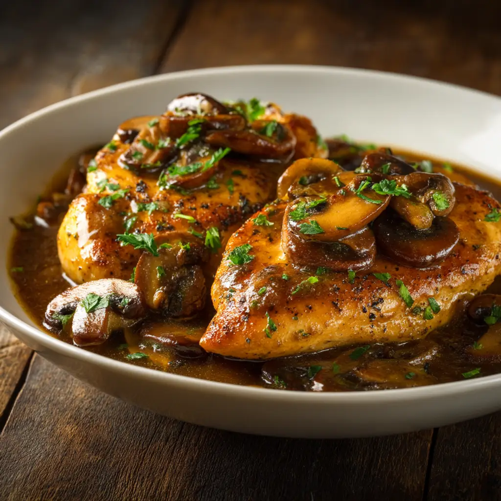 A pan of authentic Chicken Marsala with a rich mushroom sauce. The chicken cutlets are tender and juicy, showcasing the classic Italian dish.