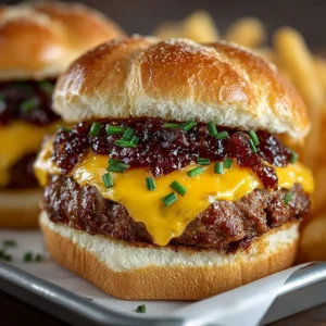 A close-up, detailed shot of a single bacon jam cheeseburger slider, showcasing the layers of juicy beef, melted cheddar, and rich bacon jam.
