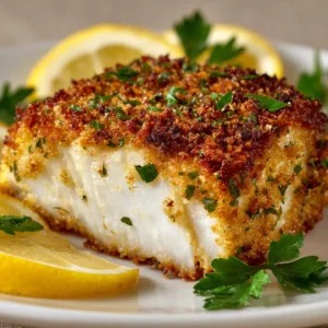A close-up of a thick, flaky fillet of baked halibut with a savory garlic parmesan crust. The fish looks moist and tender under the crispy topping.
