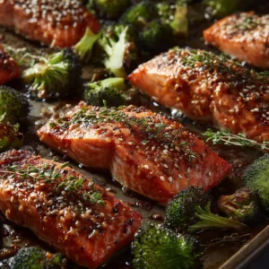 Several maple glazed salmon fillets arranged on a baking sheet lined with parchment paper, freshly out of the oven and garnished with herbs.