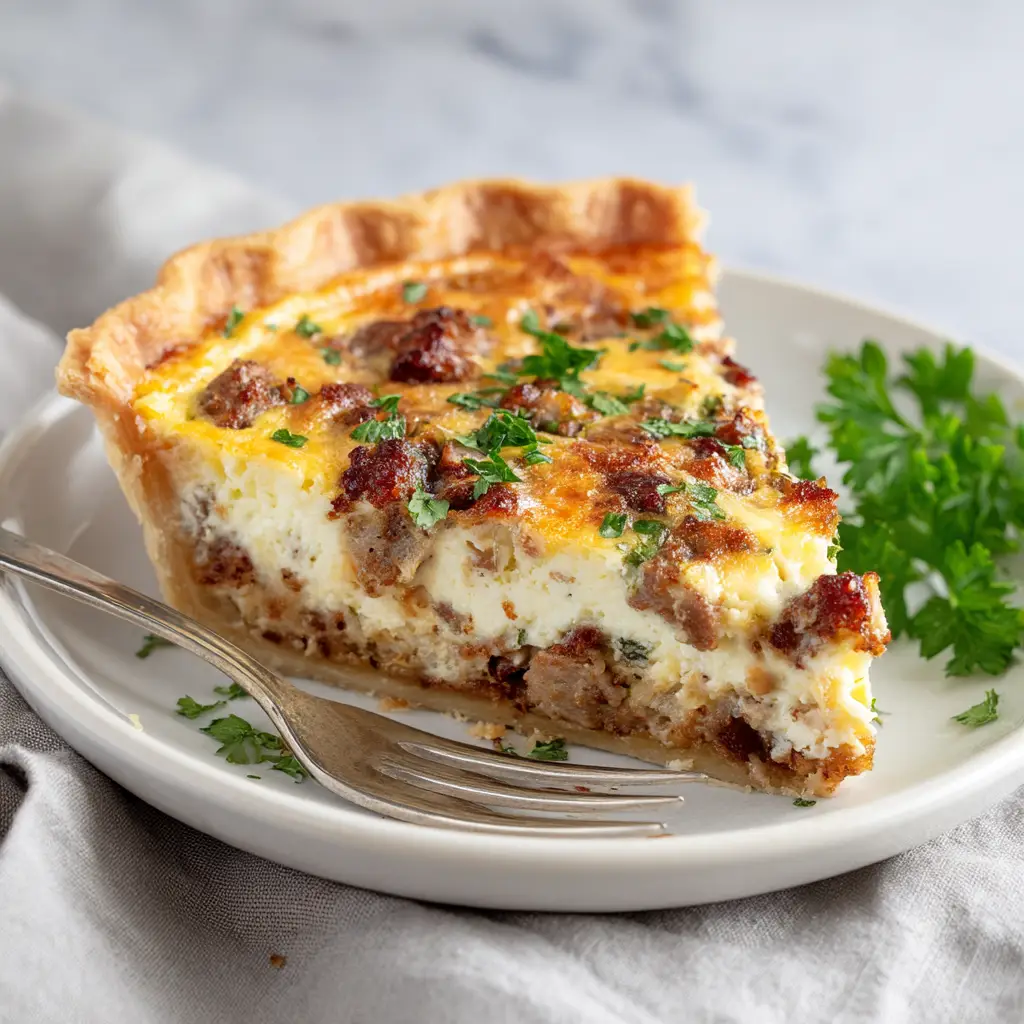A close-up view of the golden, cheesy topping of a meat quiche with bacon and sausage after baking. The crust is perfectly browned and flaky.