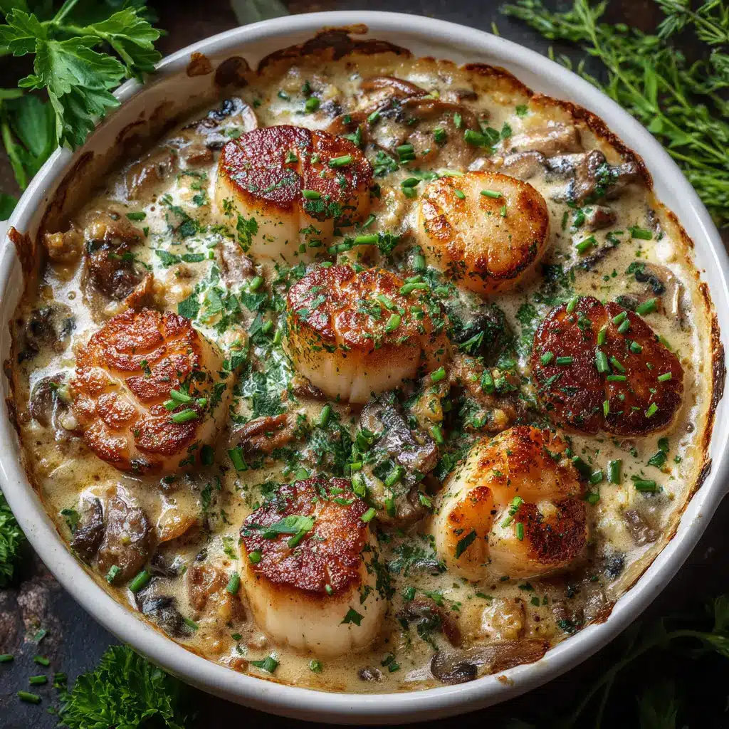A close-up detail of the bubbling seafood and cream sauce in the French seafood recipe.