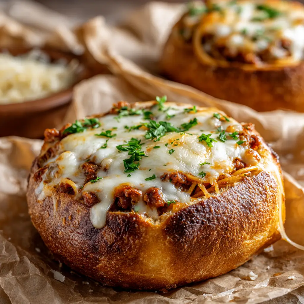 A shot of the Spaghetti Garlic Bread Bowls on a baking sheet fresh out of the oven, with golden brown cheese.