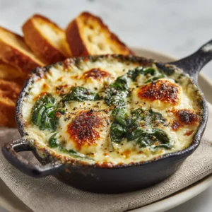 A close-up shot of hot and bubbly baked spinach artichoke dip in a white baking dish, ready to be served.