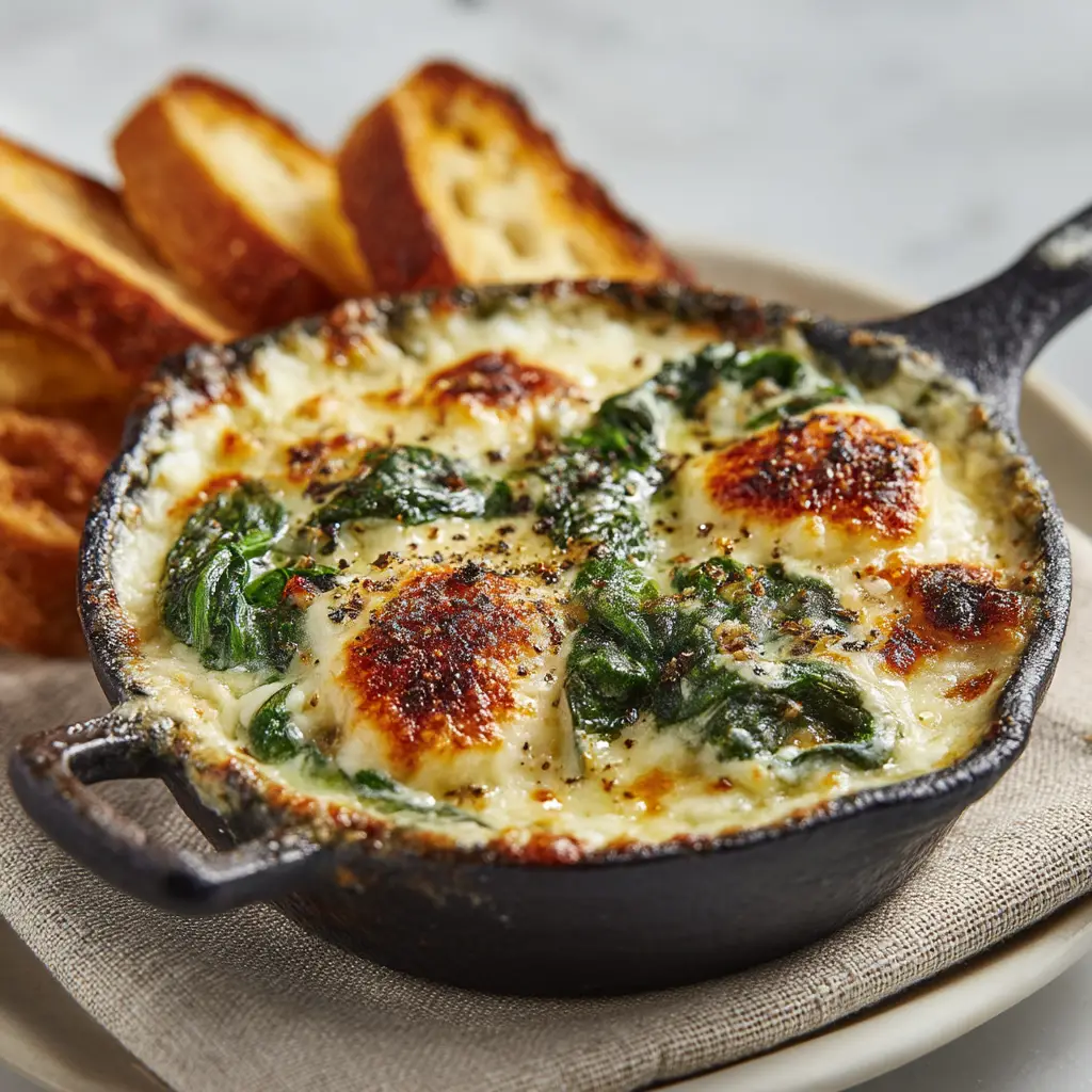 A close-up shot of hot and bubbly baked spinach artichoke dip in a white baking dish, ready to be served.
