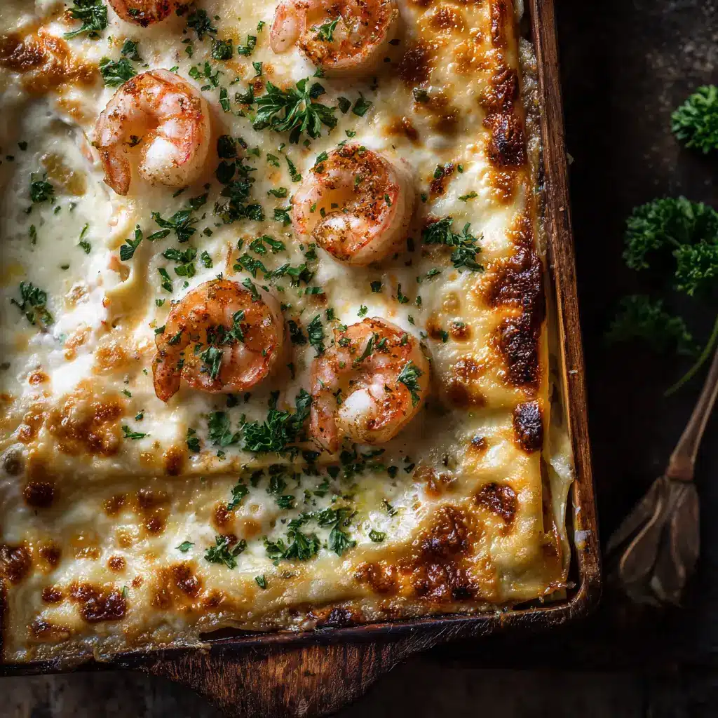 An overhead shot of a 9x13 inch baking dish filled with freshly baked seafood lasagna, with a golden brown mozzarella crust.