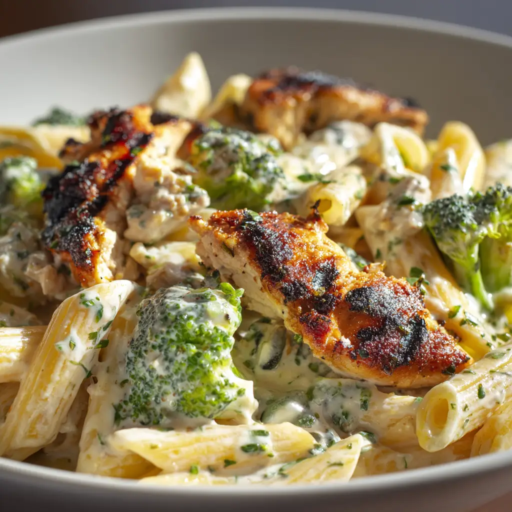 A fork lifting a bite of chicken and broccoli pasta from a bowl, highlighting the tender chicken and perfectly cooked broccoli.