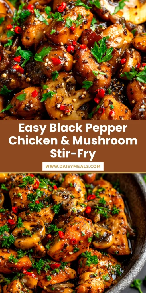 Black Pepper Chicken (Easy 20-Minute Recipe!) 3 A sharable pin image showing a bowl of delicious Black Pepper Chicken, with text overlay for a 20-minute easy recipe.