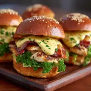 A close-up shot of three delicious BLT chicken sliders arranged on a plate, highlighting the perfectly cooked chicken and fresh ingredients.