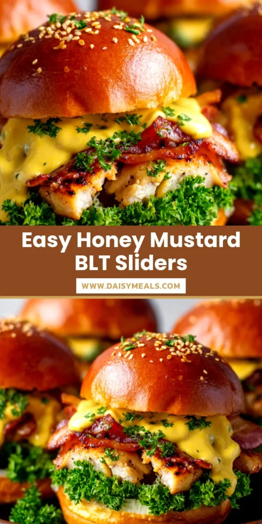 A shareable pin image of BLT Chicken Sliders on a wooden board, showcasing the crispy bacon, juicy chicken, fresh lettuce, and tomato inside toasted buns.