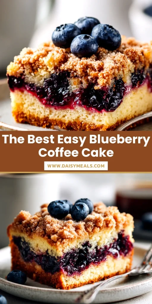 A top-down shot of a delicious homemade Blueberry Coffee Cake in a baking dish, with a slice taken out to show the moist crumb and juicy blueberries.