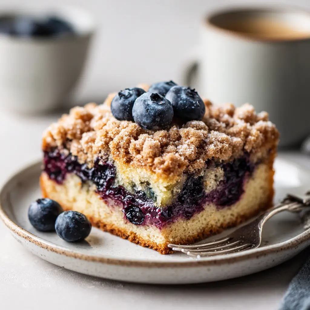 Another angle of a slice of blueberry crumb cake, showing the contrast between the soft cake and the golden-brown baked topping.