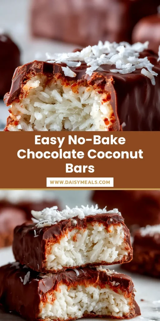 An irresistible no-bake Bounty Bars Recipe, showing several chocolate-coated coconut bars stacked on parchment paper with coconut flakes scattered around.