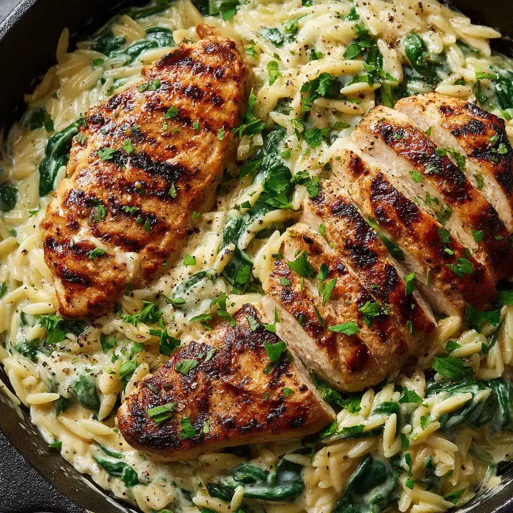 A close-up serving of Boursin chicken pasta on a plate, showing the tender pieces of chicken and perfectly cooked orzo.
